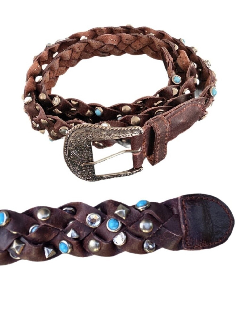 Western Festival Braided Brown Leather Belt Studded Faux Turquoise Crystal LG